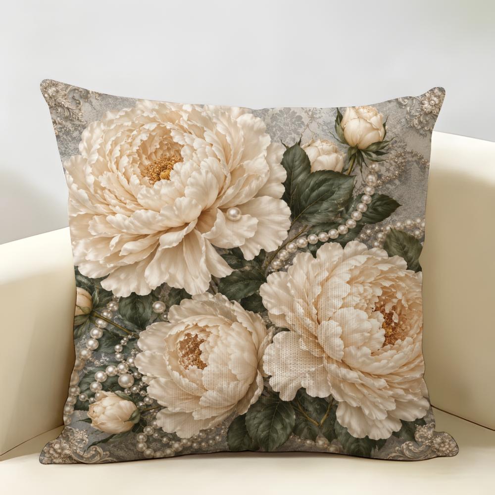 VintagePearlOrnateFloral Cushion Cover Durable Hypoallergenic Organic Linen Short Pillow Cover Washable