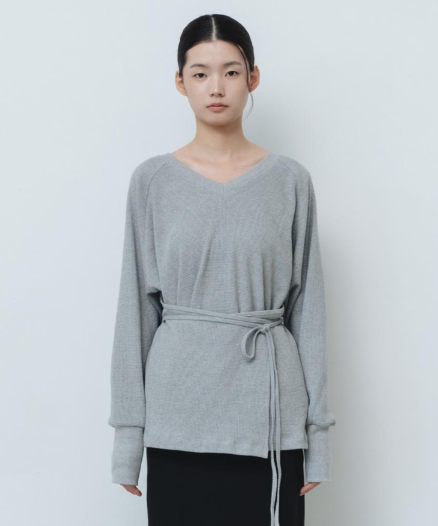 AFTERGLOWOOL V-Neck Waffle Wrap Long Sleeve T-Shirt_Grey