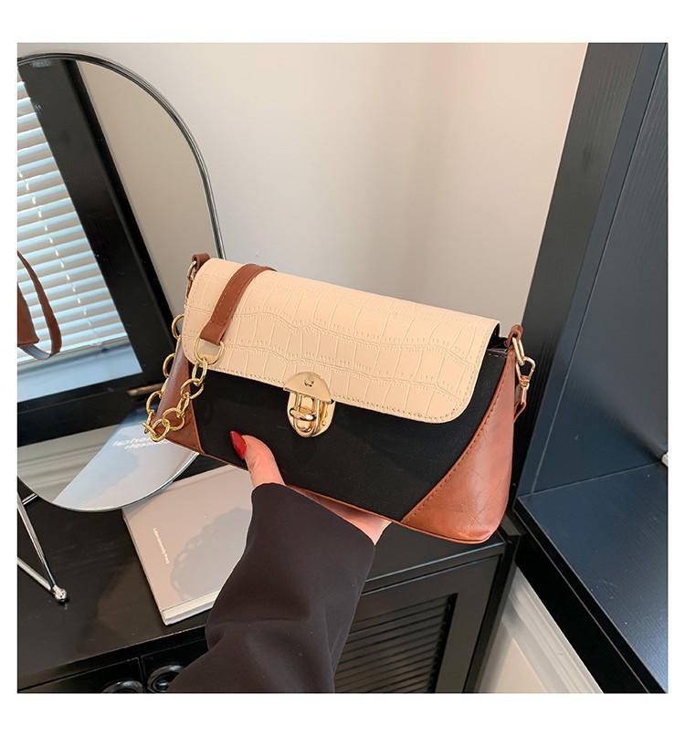 Retro Color Block Shoulder Bag 2024 New Trend Street Style Pu Material Medium Size