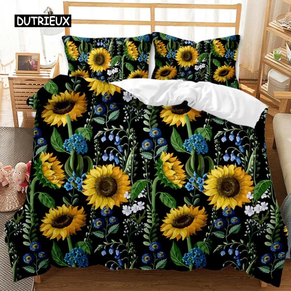 Sunflower Duvet Cover Set Girly Yellow Floral Print Twin Comforter Cover Women Blossom Flowers
