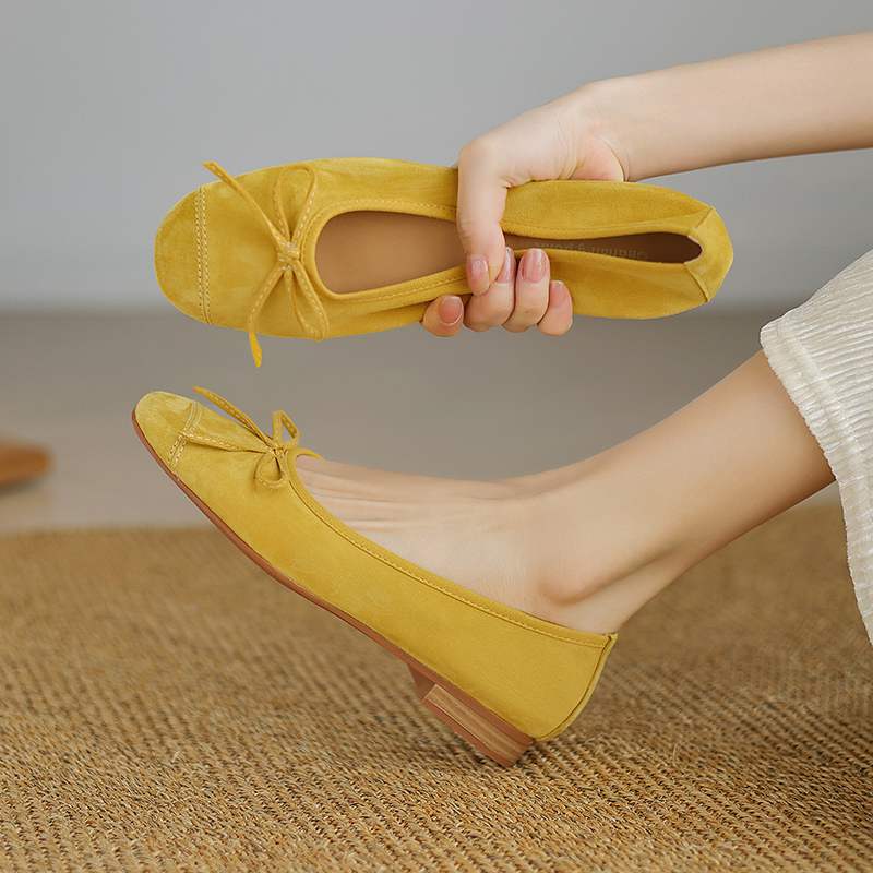 Krazing Pot Suede Fashion Spring Size 42 41 Low Heels Women Round Toe Shoes Ballet Dance Butterfly-knot Shallow Pumps