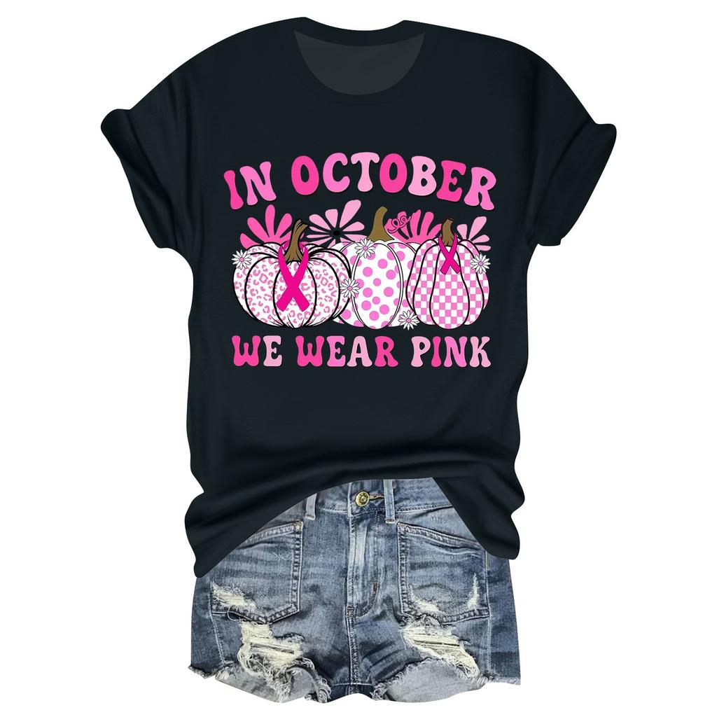 Women's Casual Halloween Breast Print T-Shirt Round Neck Pullover Short Sleeve Top