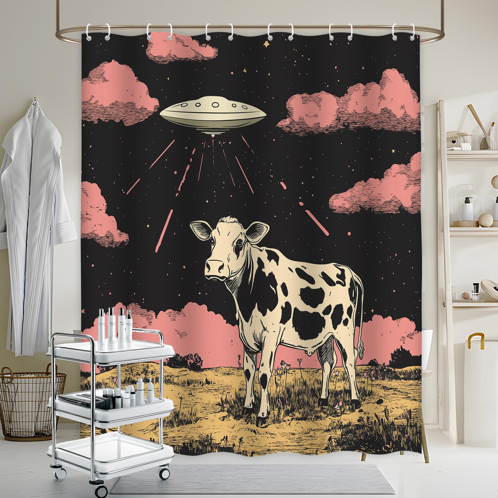 

Vintage Ufo Alien Holstein Cow Shower Curtain Fantasy Sci-Fi Farm Pink Clouds Stars Retro Comic Style With Hooks W60H190(CM)-1 Pcs