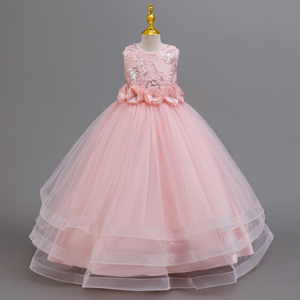 Girls Party Evening Dress Skirt Flower Mesh Tutu Middle and Big Kids Long Christmas Performance Costume 632 Children's Princess