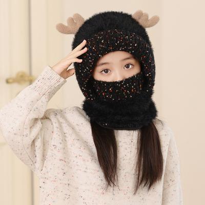 Kids Hat Hooded Scarf Headgear with Full Face Guard Cartoon Deer Ear Design Cold Weather Adjustable Neck Warmer Winter Headwear