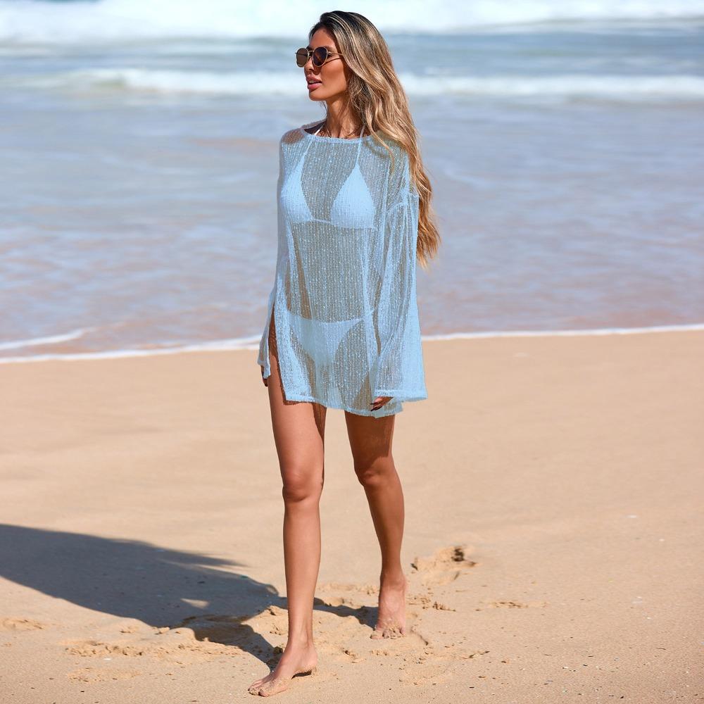 

Women s Fashion Sheer Beach Dress Mesh Fabric Boho Mesh Coverup Knit Texture Lightweight Bikini Cover Up Beach Wear M небо синє кольору