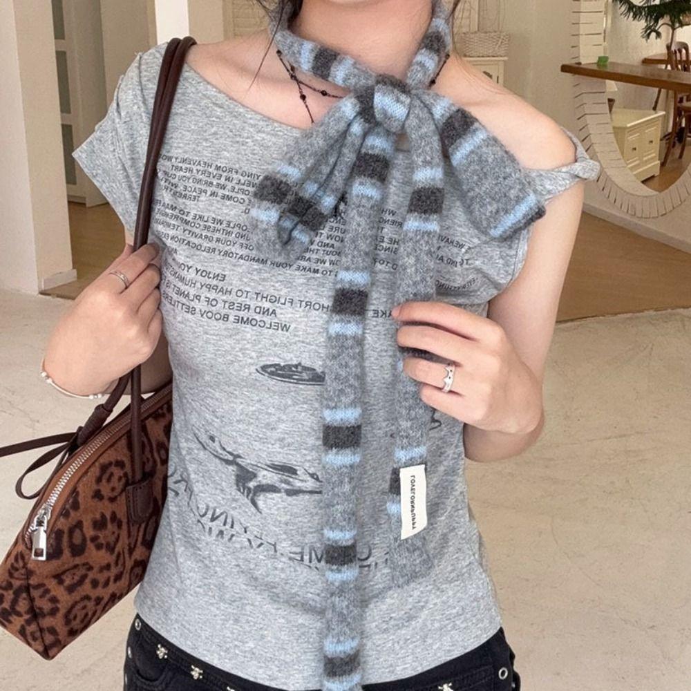 Korean Knitted Striped Skinny Scarf Stackable Wear Warm Decorative Scarf DIY Soft Long Narrow Scarf Fashion Match