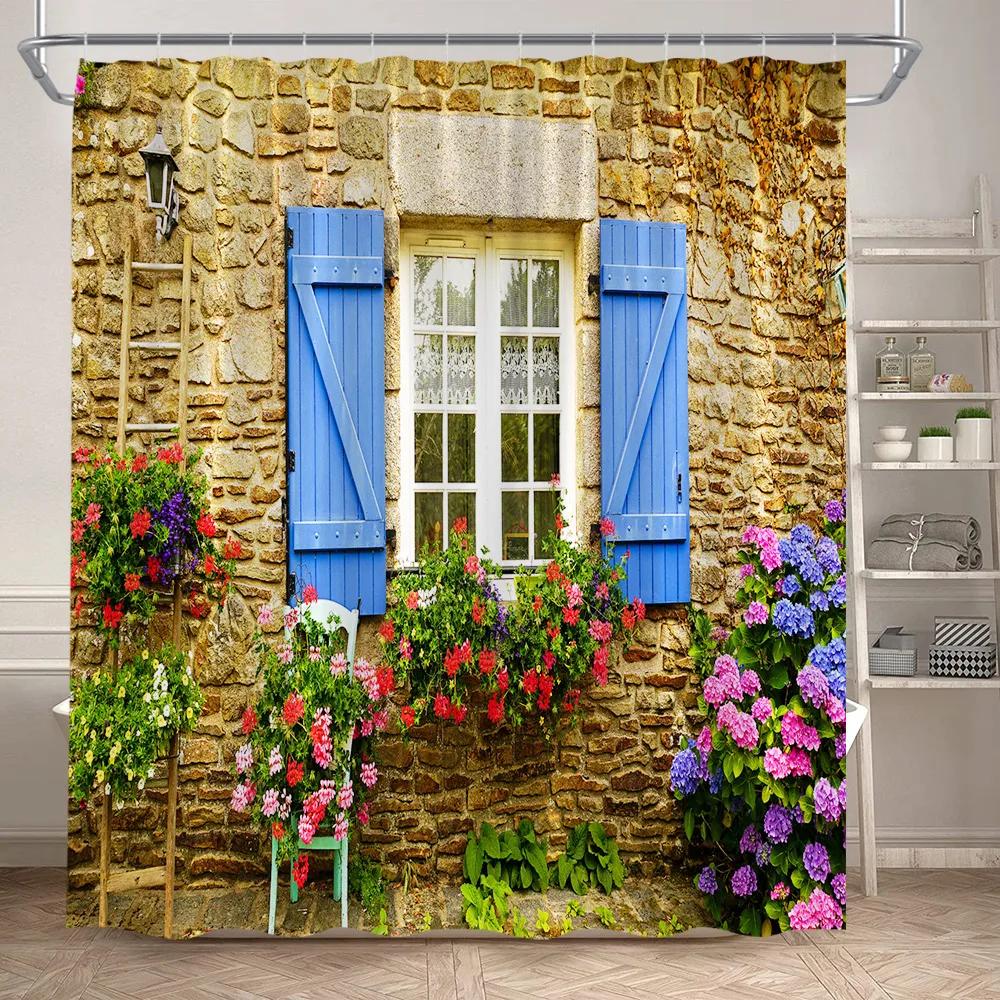 Fence Flowers Shower Curtains Blue Window Nature Floral Plants Scenery Modern Garden Wall Hanging Home Bathroom Decor with Hooks
