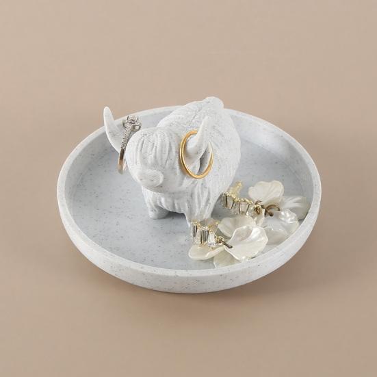 Porta Anelli Mucca delle Highlands con Piatto Circolare Plastica Stile Bohemien Organizzatore Piatto per Gioielli per Bagno Fattoria Ufficio Casa Decorazione Scrivania Stanza