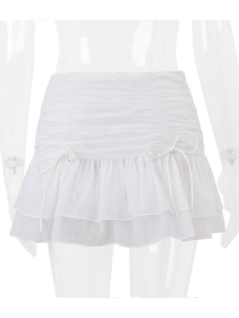 White Mini Skirt for Women Cute Sweet Style High Waist Mesh Splicing Ruffle Cake Skirt Y2k Clothing All-match Summer