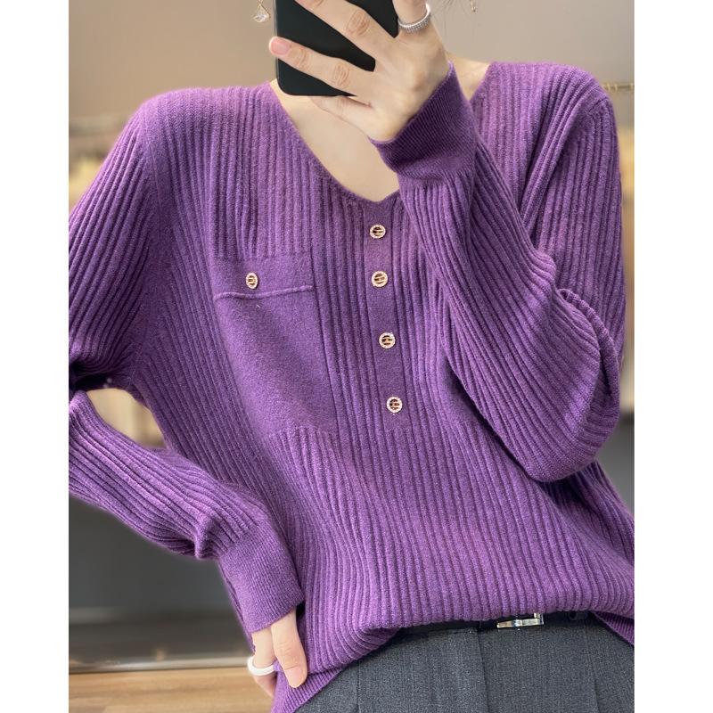 Herbst- und Winter-Strickwaren für Damen mit langen Ärmeln, Strickpullover mit V-Ausschnitt und inneren Pit-Streifen