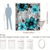 1 Blue Floral Shower Curtain - Turquoise flowers with black leaves on grey background, polyester fabric with hooks