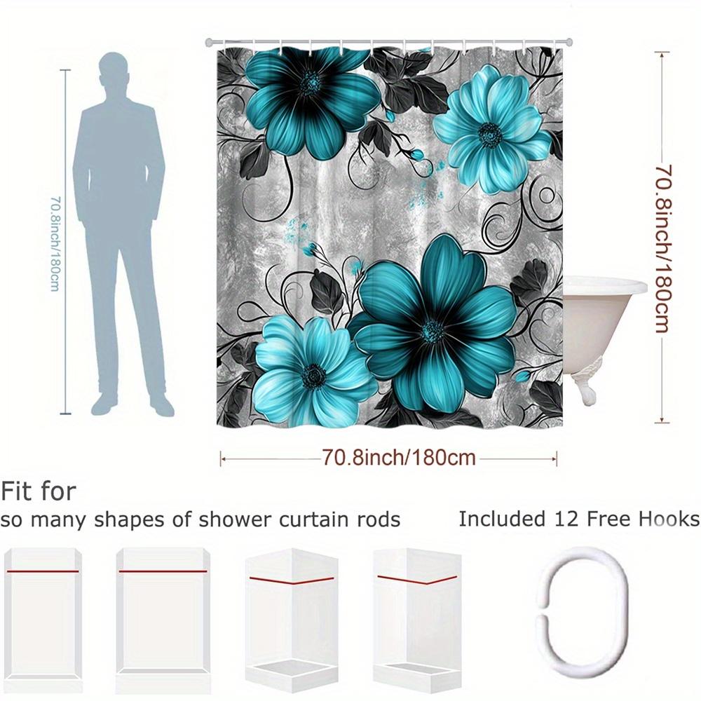 1 Blue Floral Shower Curtain - Turquoise flowers with black leaves on grey background, polyester fabric with hooks