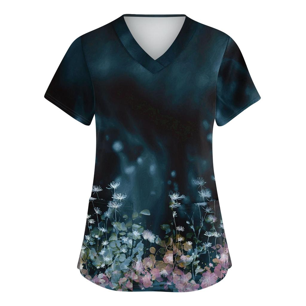 Niedlich bedruckte Arbeitskleidung für Damen, V-Ausschnitt, doppellagige Taschen, Basic-Kurzarm-Oberteil, Pullover