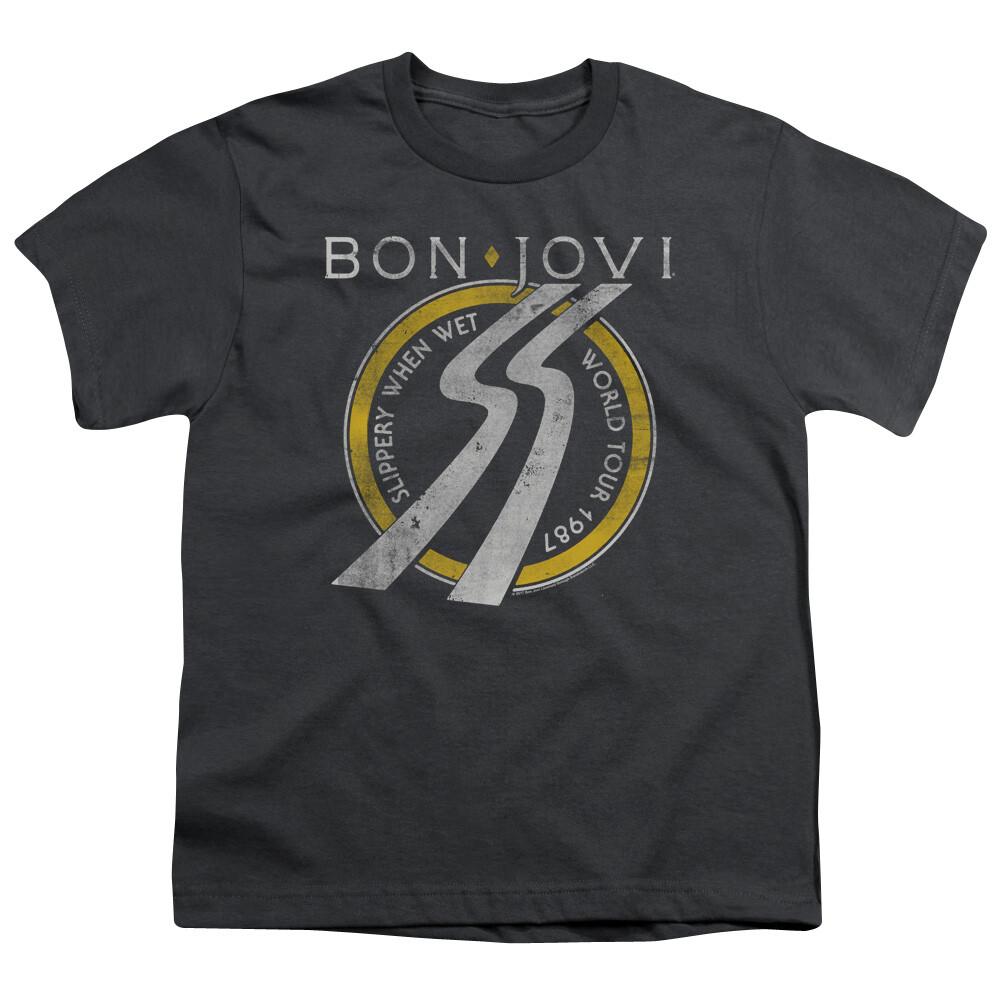 

26 Bon Jovi Slippery When Wet World Tour Kids Youth T Shirt Licensed Tee Charcoal Unisex T-Shirt L