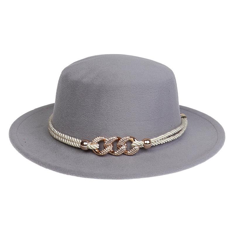 Women's Wool Felt Flat Top Fedora Hat - French Autumn/Winter Retro Style with Chain