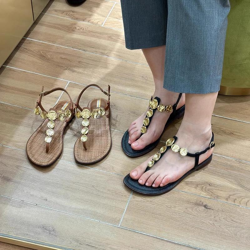 Bohemian toe herringbone sandals women's 2025 summer new one-word buckle outer wear Roman sandals