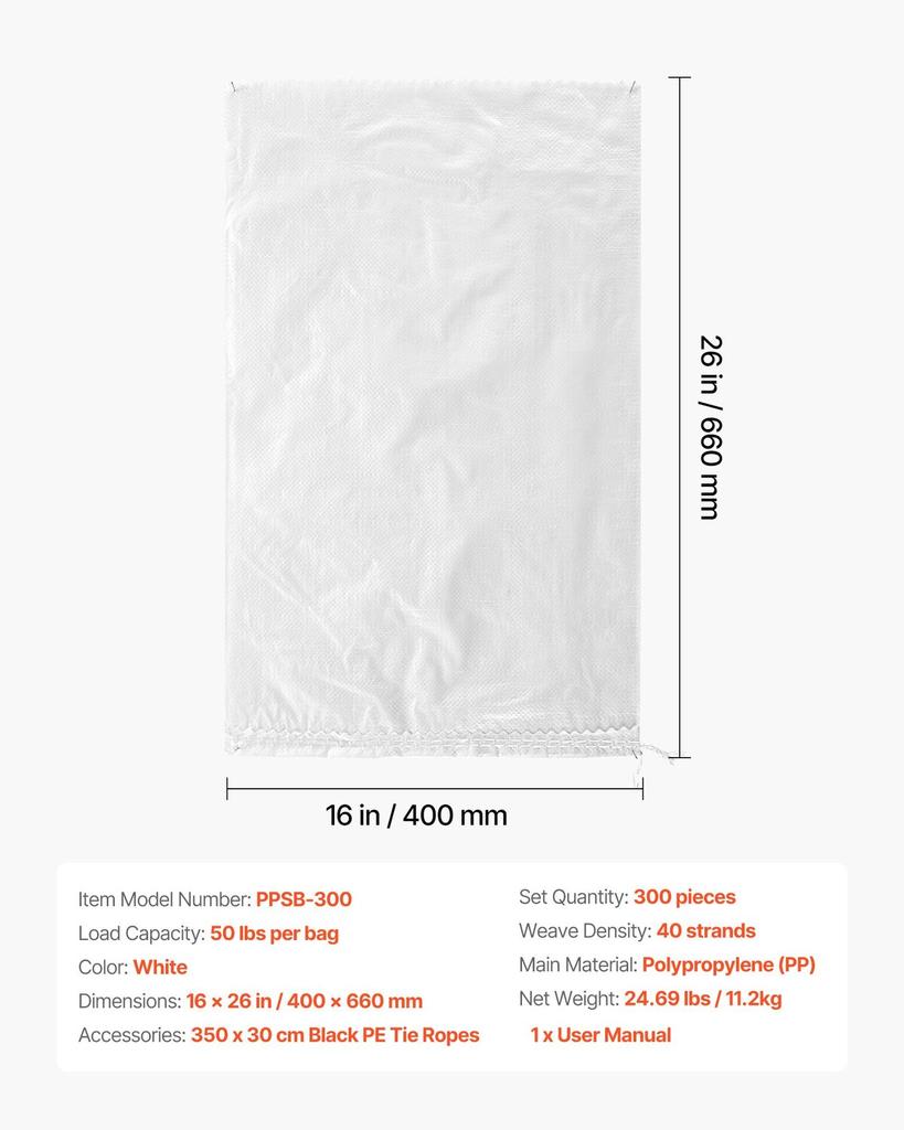 Empty Sandbags, 300 Packs 40 x 66 cm, Heavy Duty Sand Bags Sacks with Ties, 22.6kg Capacity Woven Polypropylene Sandbags, Tear-Resistant &