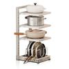 Multifunctional Kitchen Storage Rack with Adjustable Space for Pans, Pots, and Lids. Made of Carbon Steel, 4 Tiers, Off-white.