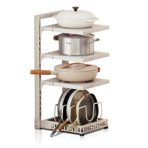 Multifunctional Kitchen Storage Rack with Adjustable Space for Pans, Pots, and Lids. Made of Carbon Steel, 4 Tiers, Off-white.