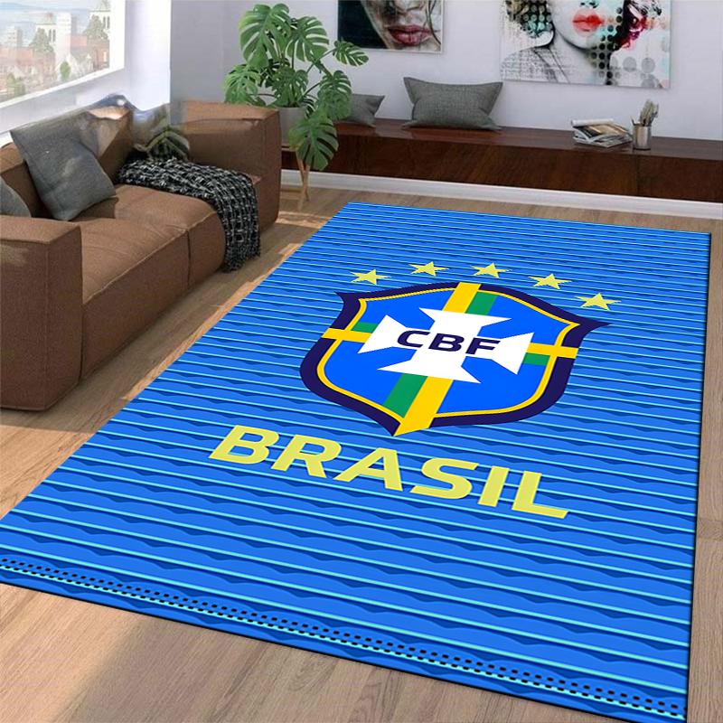 Blue Carpet with Brazil CBF Shield Design and Gold Stars Decor Suitable for use as an anti-slip for living room bedroom sofas
