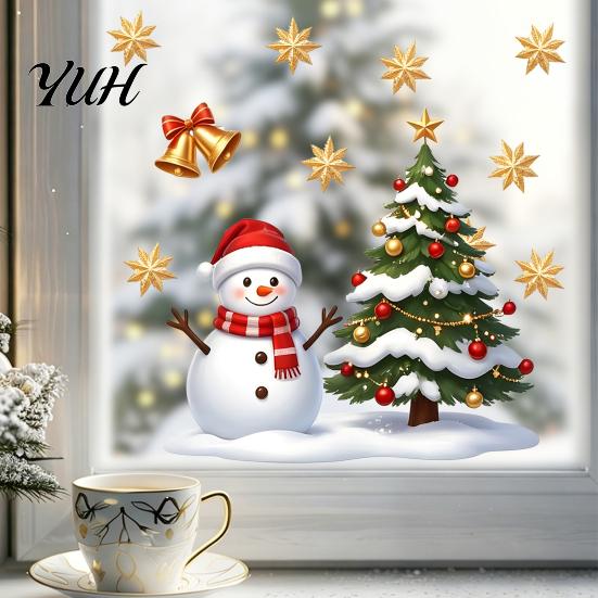 Creative Christmas Glass Clings Window Static Sticker, Snowman Tree Pattern PVC Decal, Waterproof Easy Peel Stickers Reusable Festive Wall for Living