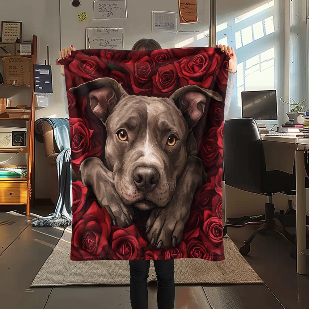 Pitbull a růže, vzor Flanelová deka, Vysoká kvalita, Pohodlná pro všechna roční období, Domácí dekorace, Teplo a pohodlí, Ideální pro dárky.