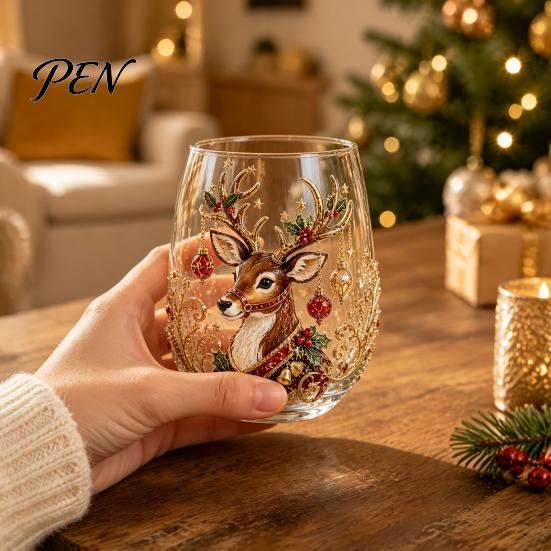 Elegant Wine Glass Set Creative Transparent Santa Claus Pattern Mug, 3D Embossed Christmas Aesthetic Tea Cups, Drinking with Tree Wreath Socks Design,