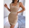 Casual Spring Summer Wrapped Square Neck Dress Colored Knitted Waist Button Collar