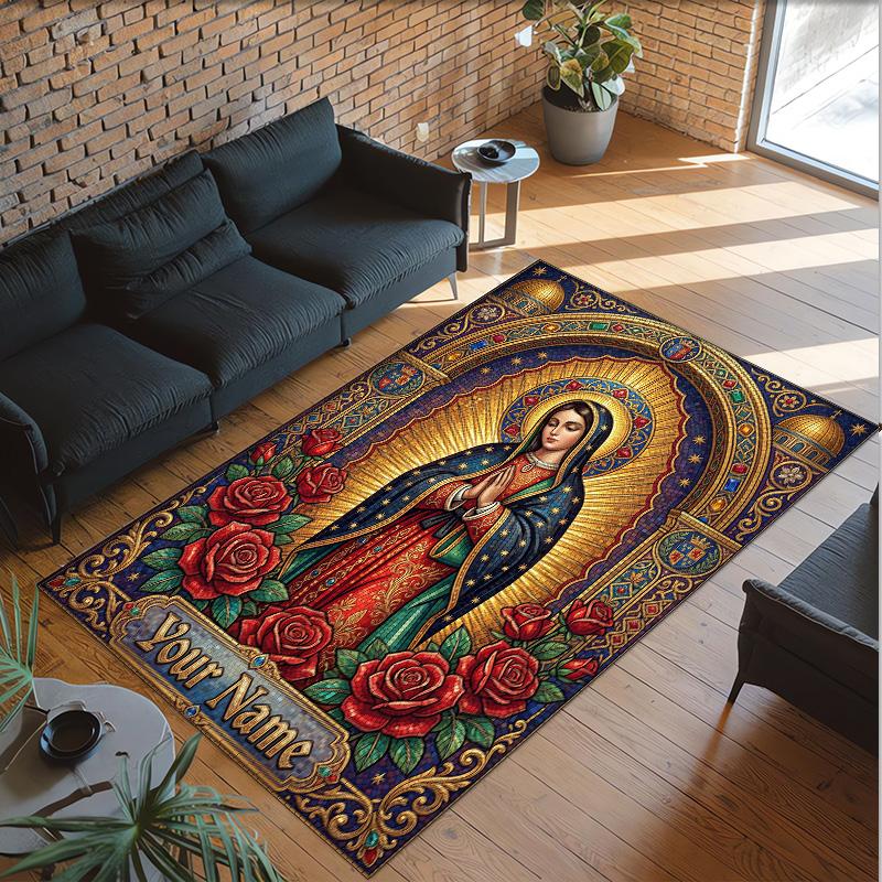 Virgin Mary Theme Crystal Velvet Rug Personalized Custom Name Text Soft Floor Mat Home Decor