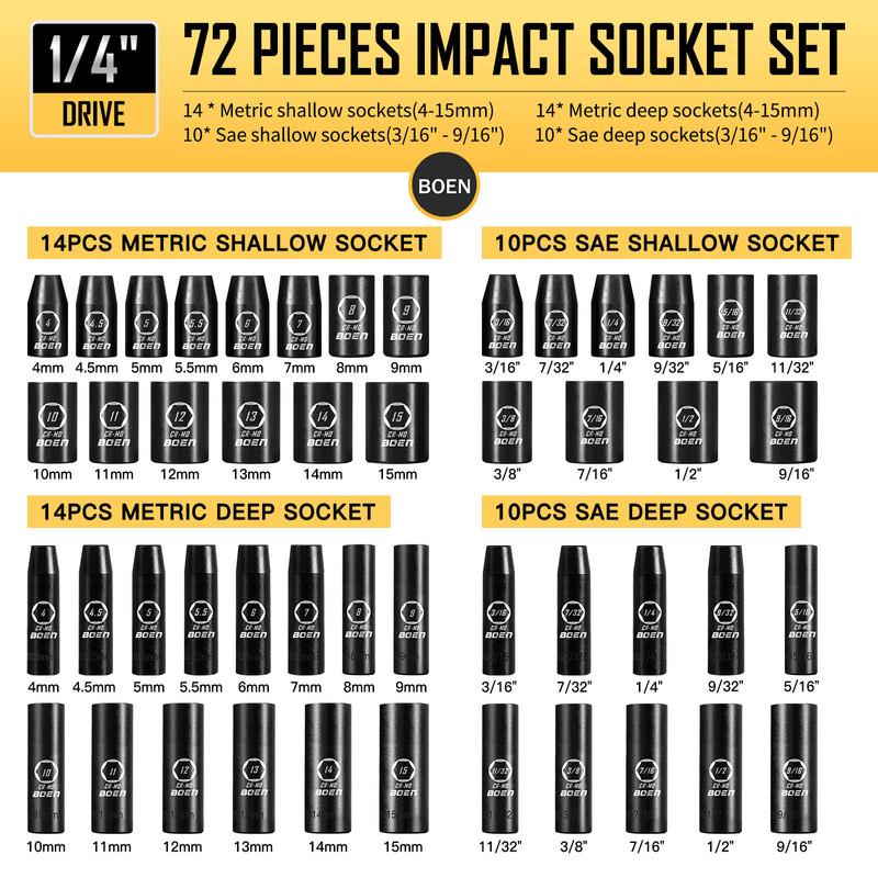 

BOEN 72pc 1/4 Drive Impact Socket Set, SAE 3/16 -9/16 & Metric 4-15mm, Cr-Mo, w/Deep, Shallow, Swivel, Ext, Adapters & Univers