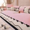 Solid Soft Warm Sherpa with Contrast Velvet Hem Non-Slip Sofa Cover, Butterfly Tie Lace Decored Sofa Towel Slipcover for Couches