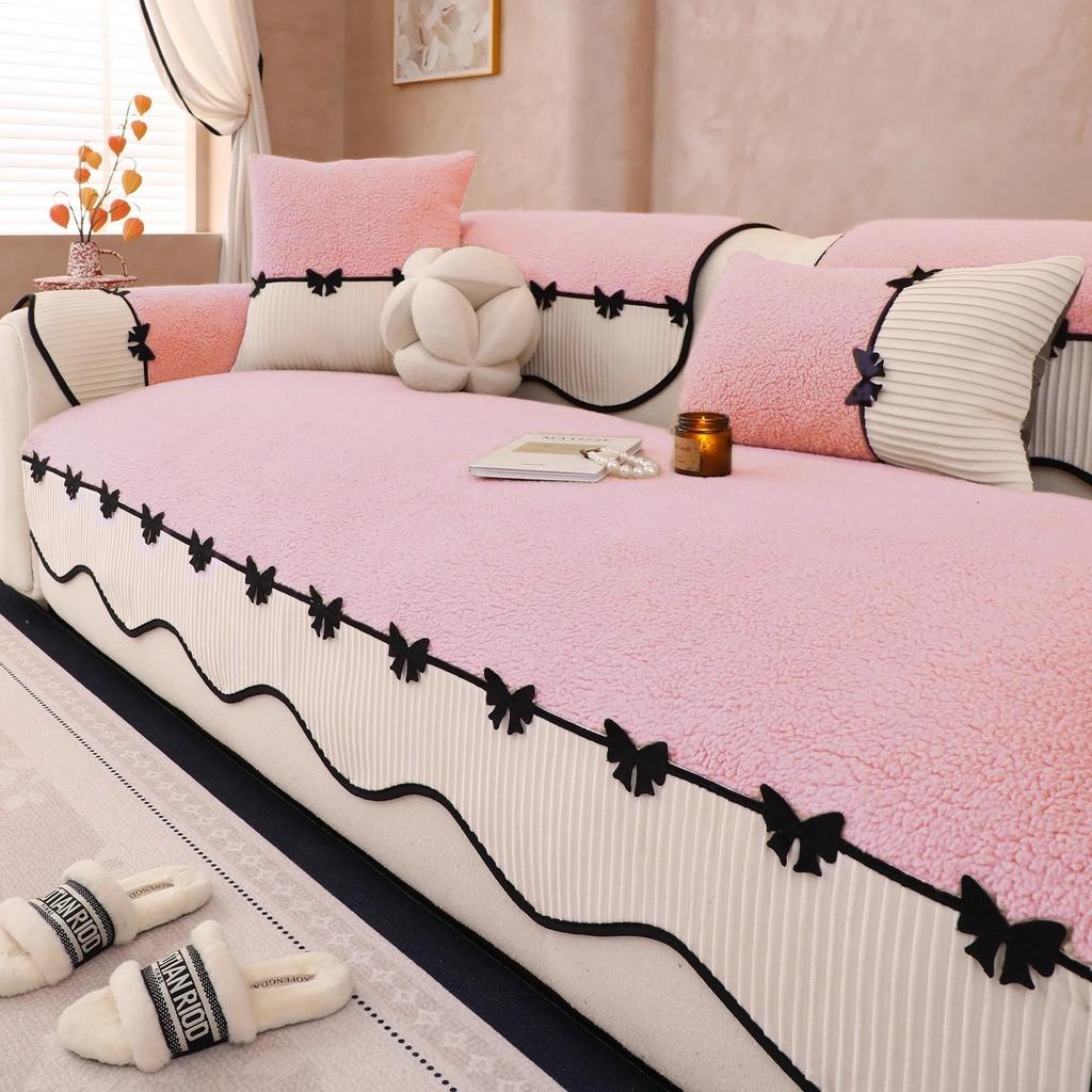 Solid Soft Warm Sherpa with Contrast Velvet Hem Non-Slip Sofa Cover, Butterfly Tie Lace Decored Sofa Towel Slipcover for Couches