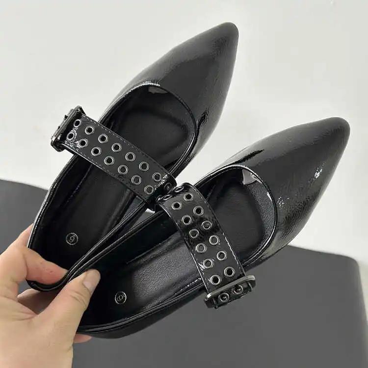 Pointed Toe Flats Shoes Women Pu Leather Fashion Buckle Strap Mary Janes Shoes Ladies Elegant Black Pumps Spring Footwear