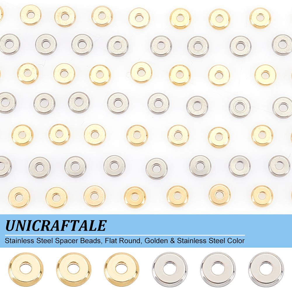 120Pcs 2 Colors 304 Stainless Steel Spacer Beads, Flat Round, Golden & Stainless Steel Color, 4x1.2mm, Hole: 1.2mm, 60pcs/color