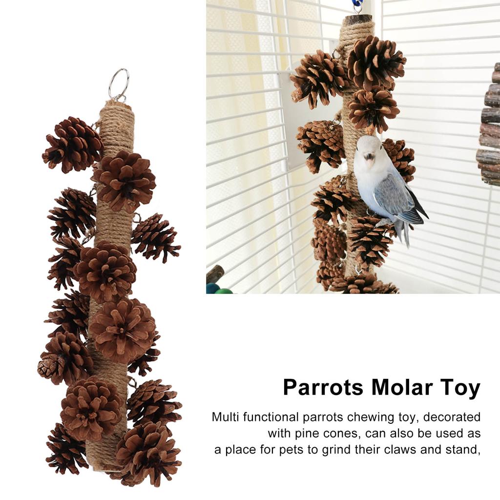 Birds Bite Toy Wooden Pine Cone Hanging Parrots Beak Grinding Toy with Metal Hook for Cage