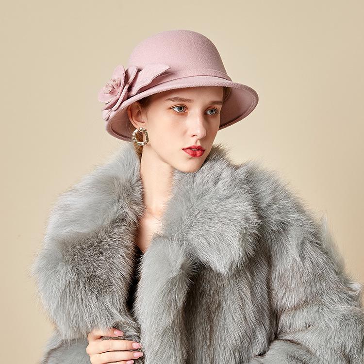 New Hat Women's Autumn and Winter British Woolen Woolen Pot Hat Fashion Flower Bucket Hat Warm Felt Top Hat