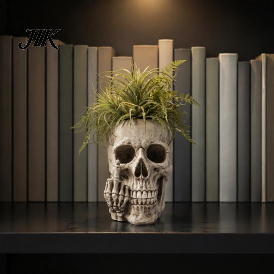 Gothic Home Decor Skull Planter with Middle Finger Design, Resin Skeleton Flower Pot Personalized Desk Organizer for Succulents, Funny Plant Ornament