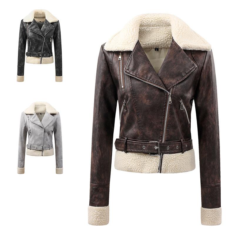European size women's leather jacket women's slim jacket fur collar autumn and winter coat women's locomotive clothing large size stand-up collar leat