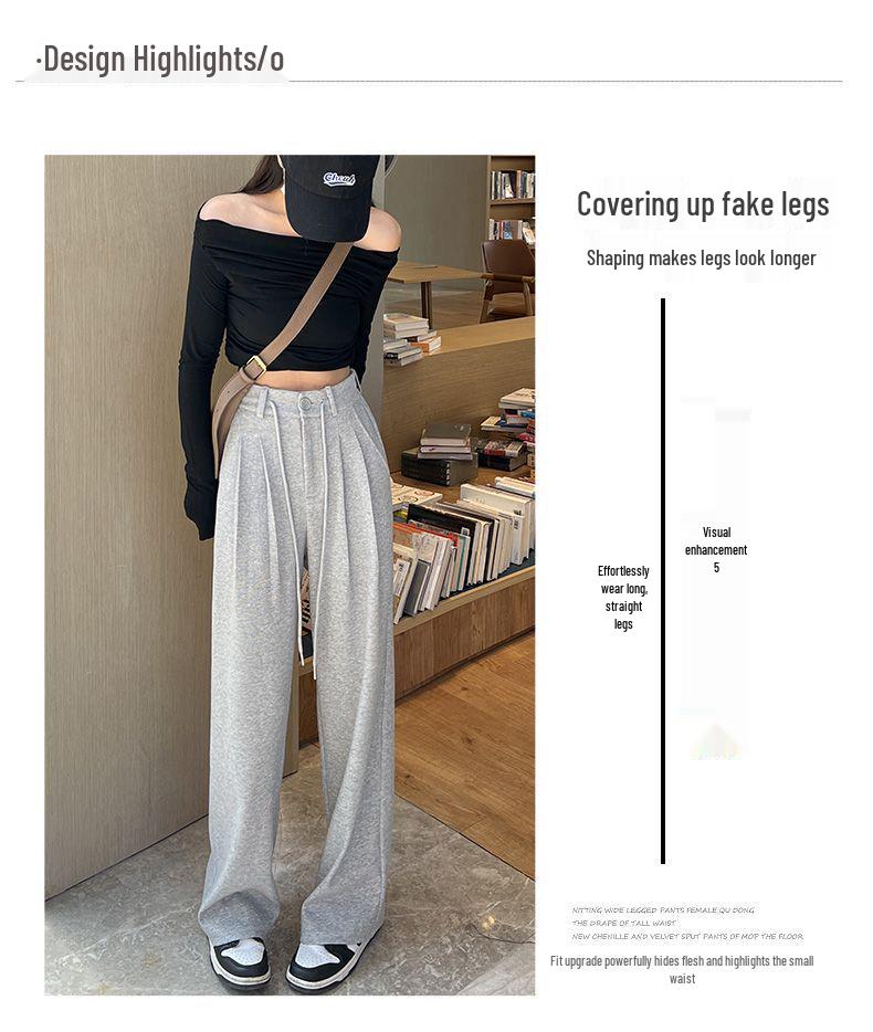 Women's High-Waist Gray Sweatpants - Summer Wide-Leg Floor-Length, Casual Loose American Style with Drawstring.