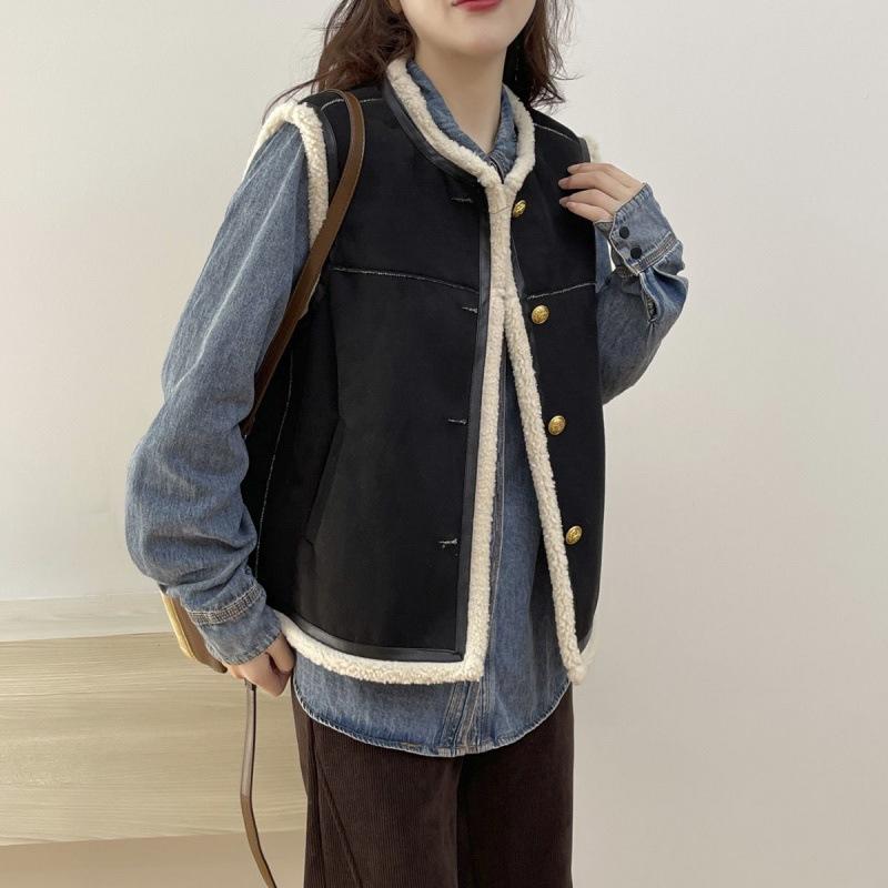 European Retro Round Neck Short Fur Integrated Autumn and Winter New Small Vest Jacket