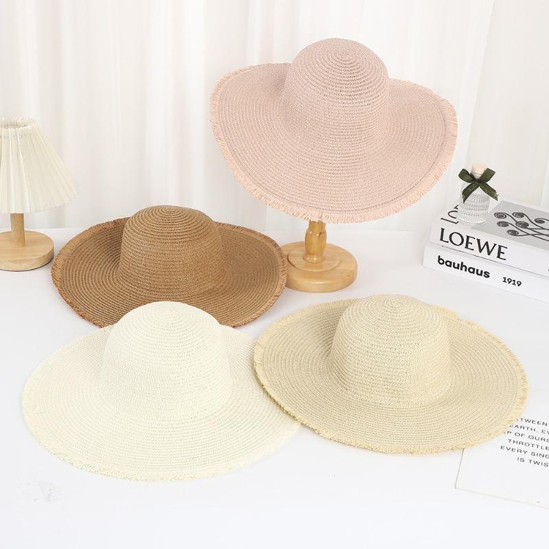 New burr straw hat summer flat top travel vacation travel sun protection hat bow shade beach straw hat