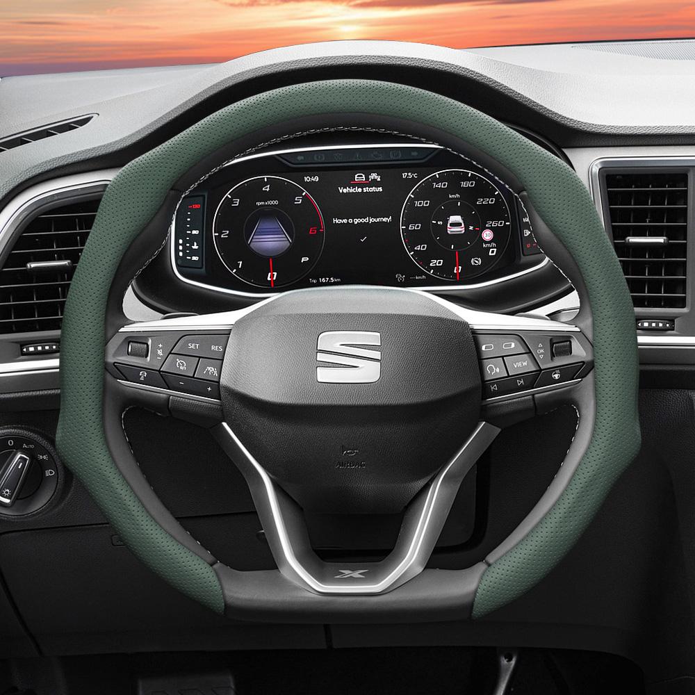 Suitable for Seat Perforated Leather Steering Wheel Cover, Non-Slip, Sweat-Absorbent, Breathable, Integrated Snap-On Protective Cover for Ibiza, Arona