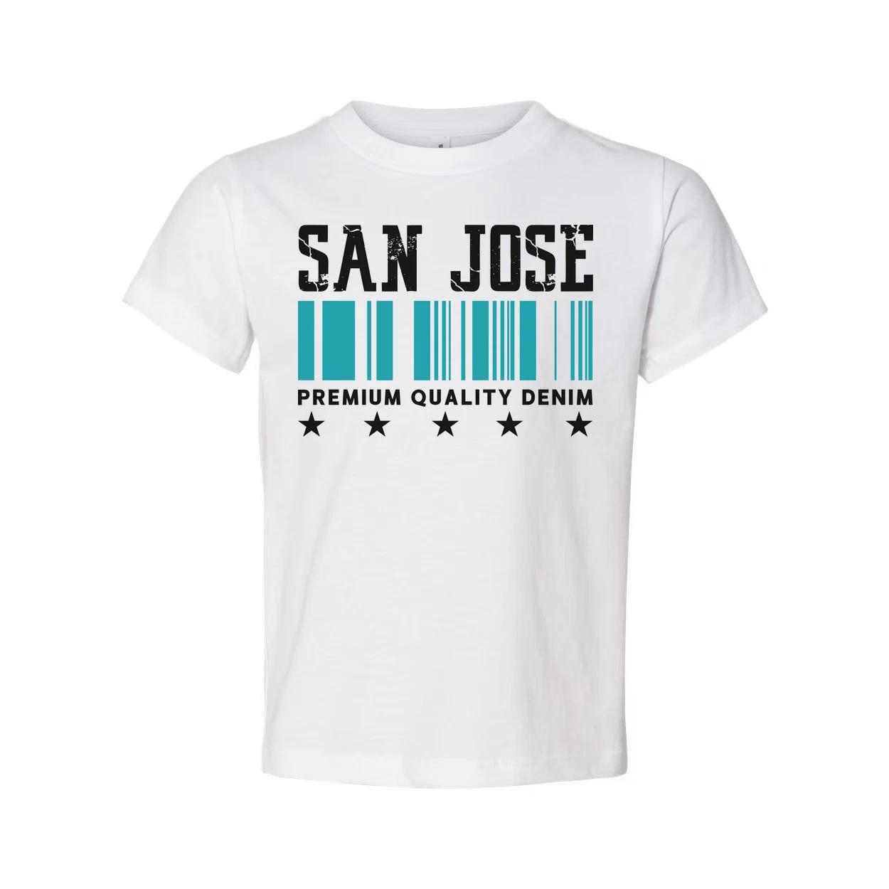 

San Jose Barcode Graphic T Shirt With Premium Quality Denim Text And Star Symbol S