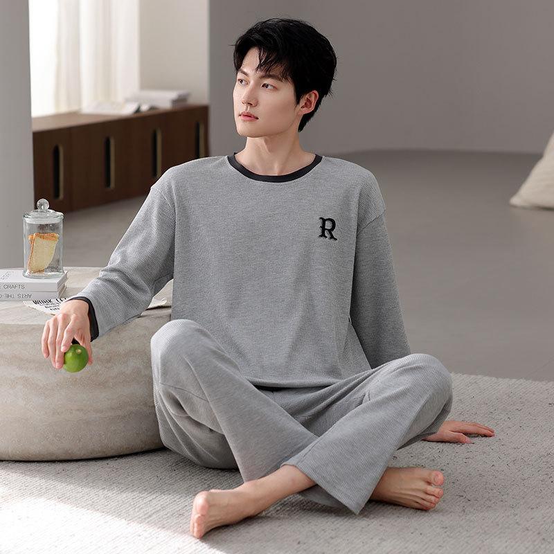 

Пижама мужская весенне-осенняя вафельная хлопковая с длинным рукавом осенняя хлопковая большого размера повседневный комплект для отдыха XL