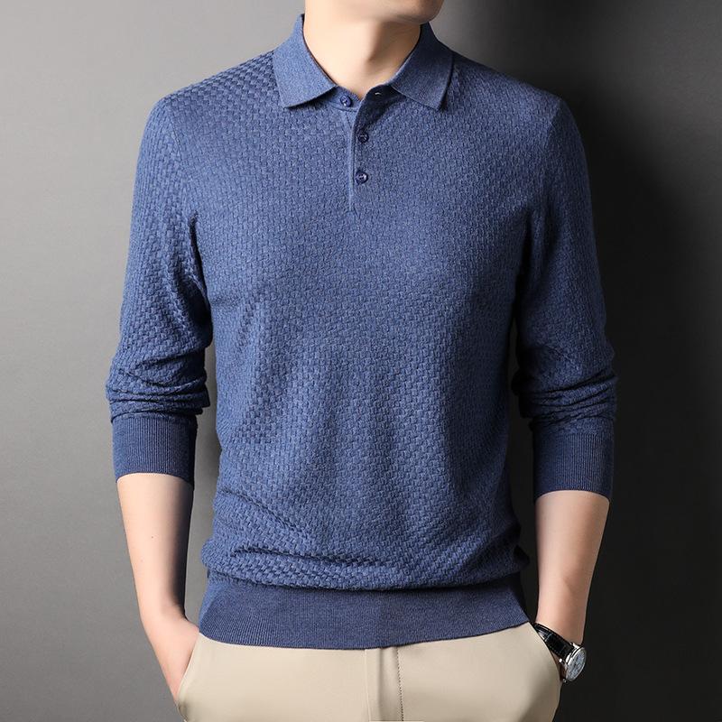 New Spring and Autumn Men's Long-sleeved T-shirt Knitted Bottoming Shirt Middle-aged Men's Wool Checkerboard Lapel Sweater