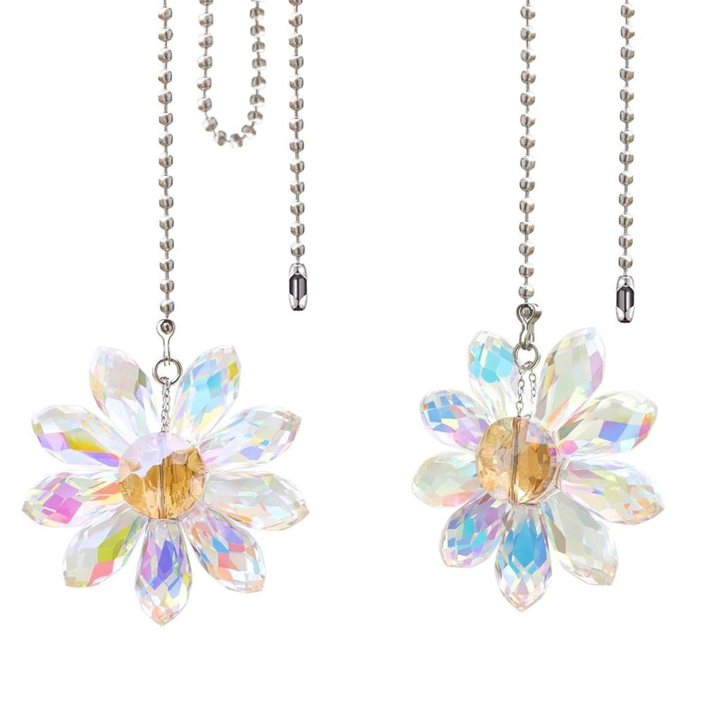 2Pieces Fashionable Crystals Glass Flower Ceiling Fan Pull Chain Set Extenders for Home Decoration In Vibranting Color