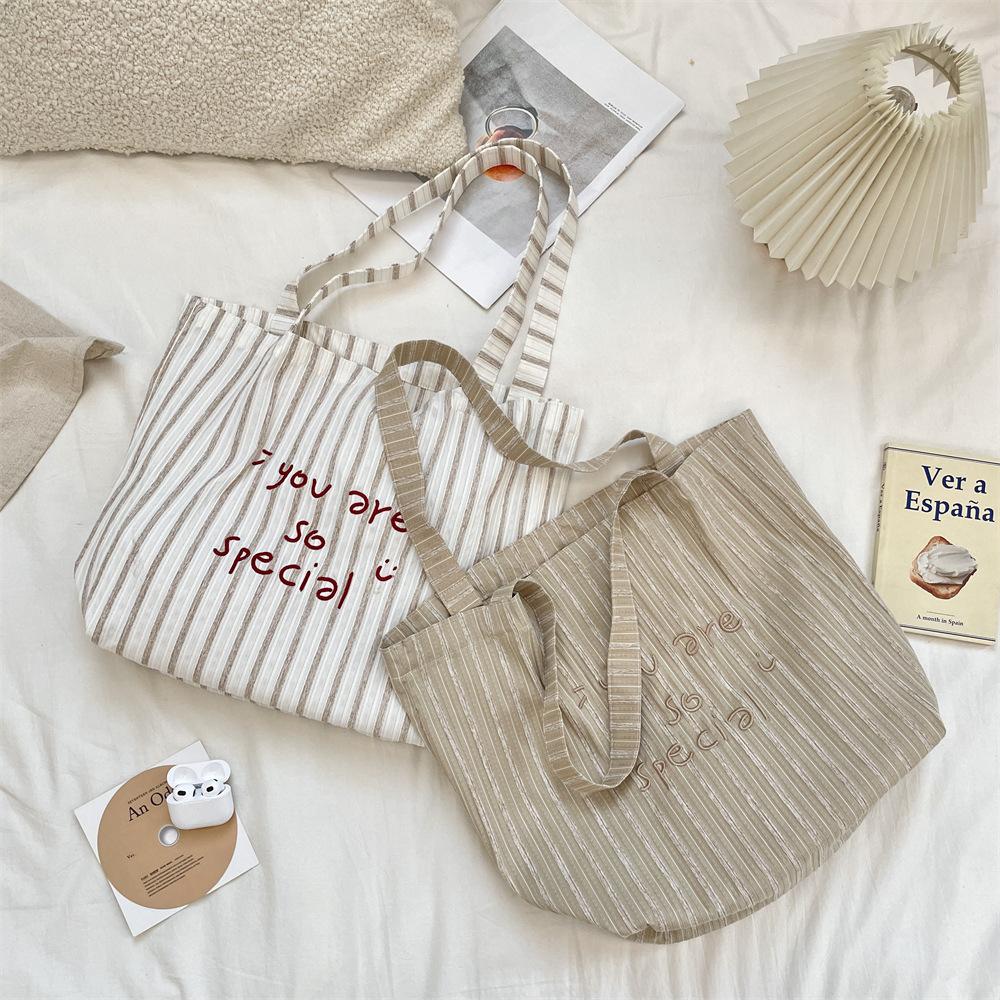 New Smiley Face Letter Embroidery Striped Shoulder Canvas Bag Large Capacity Shopping Bag