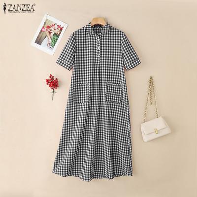Damen Turn-Down-Kragen Kurzarm Lässiges kariertes Print-Kleid