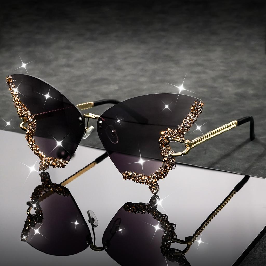 Butterfly Rimless Stylish Sunglasses for Women Men Bling Rhinestone Gradient Tint Decorative Eyeglasses for Costume Party